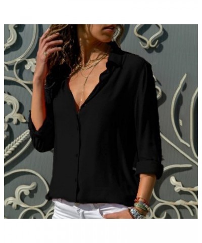 White Button Down Shirt Women Long Roll up Sleeve Lapel Dress Shirts Casual Work Business Solid Color Loose Blouse Black $4.8...