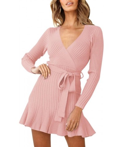 Women's Sexy V Neck Wrap Sweater Dress Casual Long Sleeve Slim Bodycon Ruffle Hem Party Sweater Mini Dresses with Belt Light ...