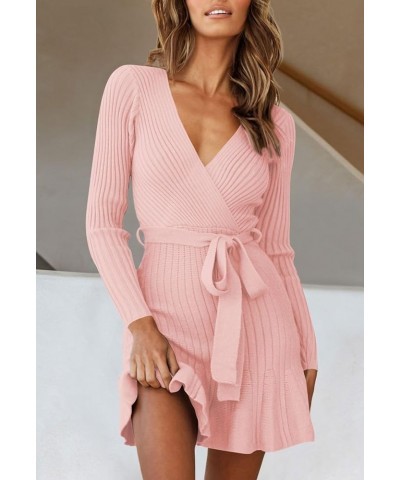 Women's Sexy V Neck Wrap Sweater Dress Casual Long Sleeve Slim Bodycon Ruffle Hem Party Sweater Mini Dresses with Belt Light ...