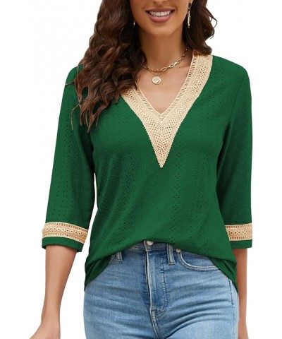 Women's Casual 3/4 Sleeve Shirts Lace V Neck Color Block Dressy Tops Trendy Hollow Floral Blouses T Shirts S-XXL Deep Green $...