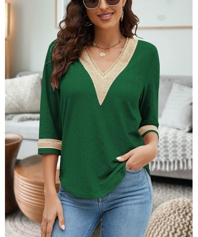 Women's Casual 3/4 Sleeve Shirts Lace V Neck Color Block Dressy Tops Trendy Hollow Floral Blouses T Shirts S-XXL Deep Green $...