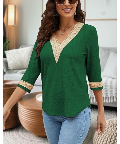 Women's Casual 3/4 Sleeve Shirts Lace V Neck Color Block Dressy Tops Trendy Hollow Floral Blouses T Shirts S-XXL Deep Green $...