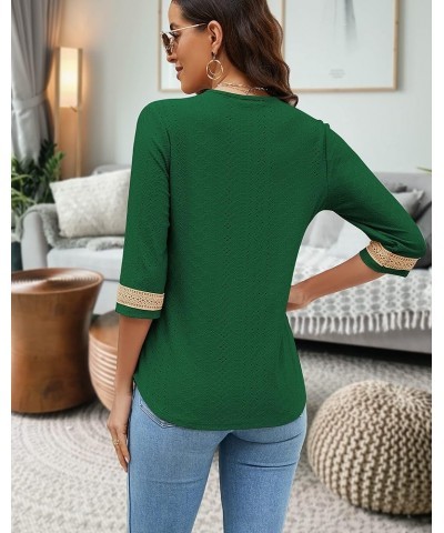 Women's Casual 3/4 Sleeve Shirts Lace V Neck Color Block Dressy Tops Trendy Hollow Floral Blouses T Shirts S-XXL Deep Green $...