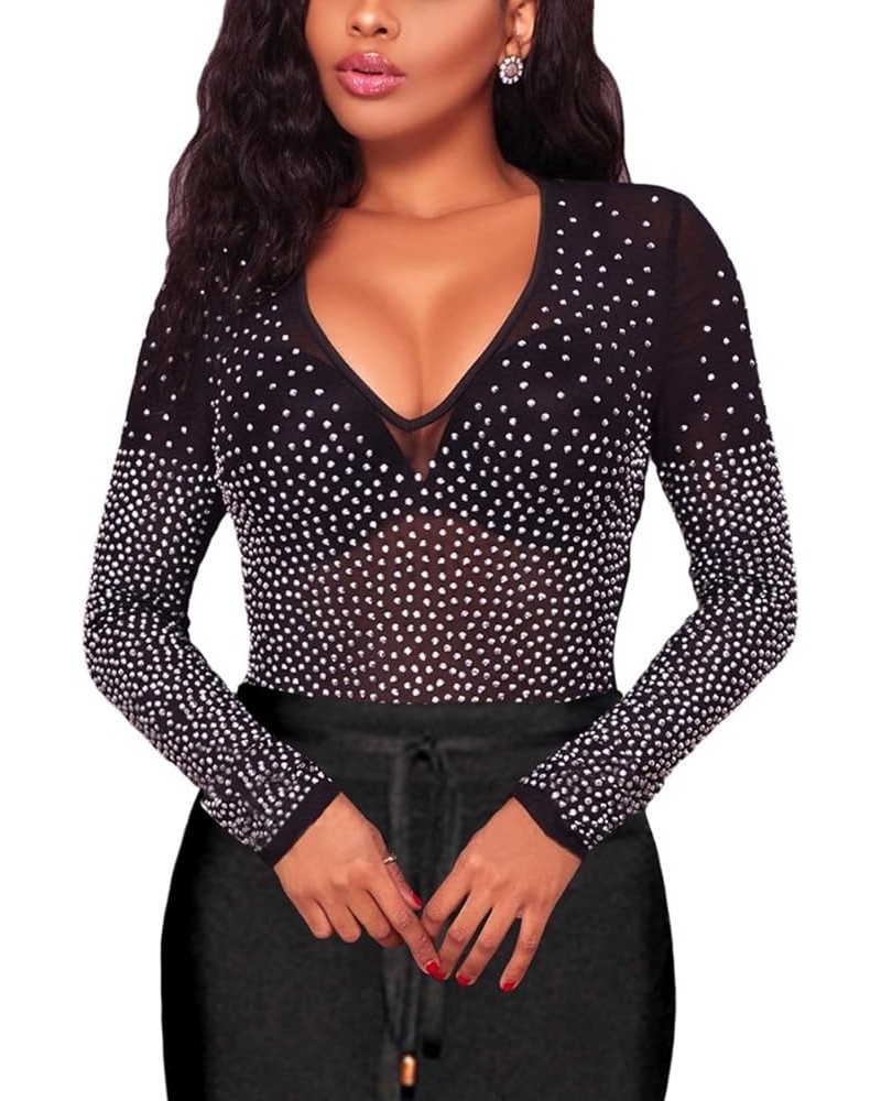 Womens Sheer Mesh Tops Glitter Sparkle Rhinestone Shirts See Through Tees Clubwear Blouse 17 Black $16.31 Blouses