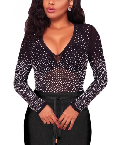 Womens Sheer Mesh Tops Glitter Sparkle Rhinestone Shirts See Through Tees Clubwear Blouse 17 Black $16.31 Blouses