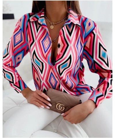 Geometric Printed Long Sleeved Top-Womens Top-Casual Top-Minimalist Women Blouse-Modern Top Pink $15.90 Blouses