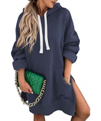 Women's Oversized Casual Pullover Long Sleeve Split Hem Drawstring Hoodies Dress With Kangaroo Pocket E Navy Blue $22.50 Hood...