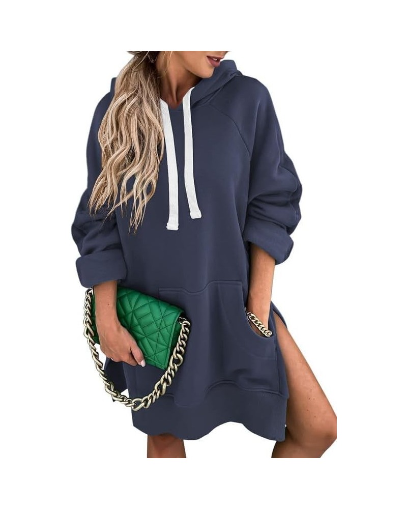 Women's Oversized Casual Pullover Long Sleeve Split Hem Drawstring Hoodies Dress With Kangaroo Pocket E Navy Blue $22.50 Hood...