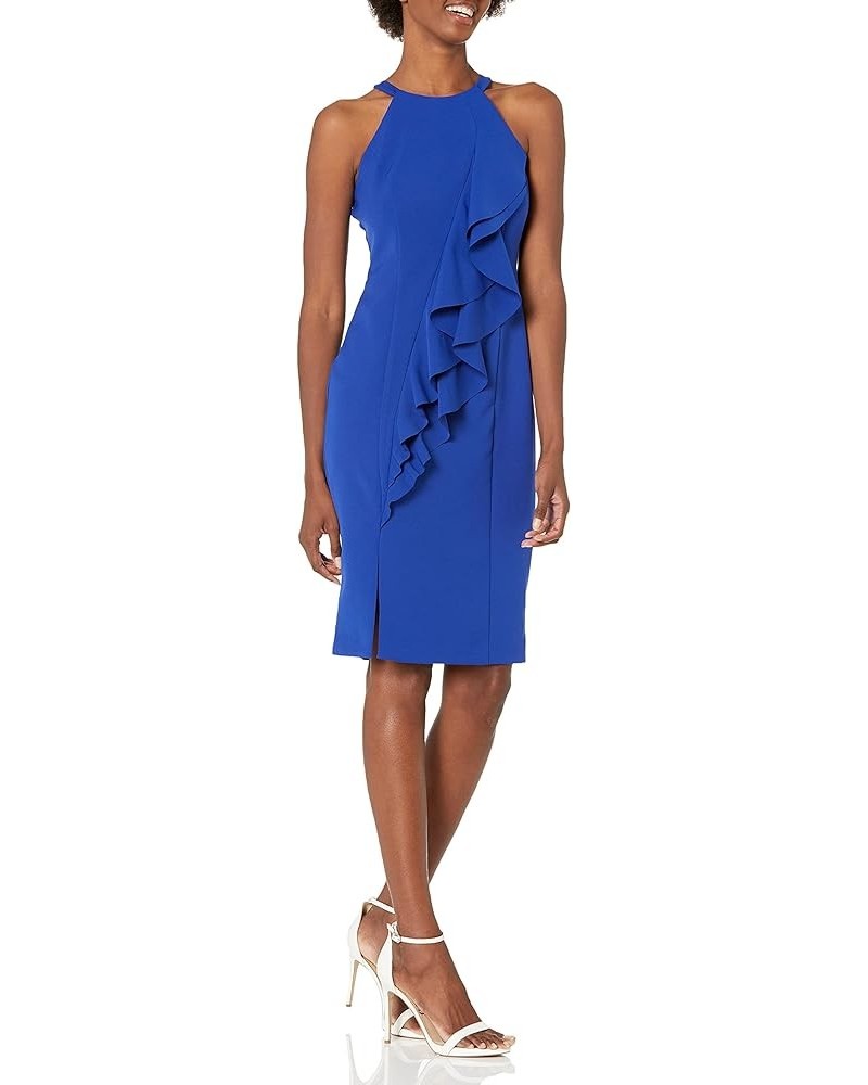 Women's Crepe Halter Neck Bodycon Dress with Front Rufflfe Cobalt $15.65 Dresses