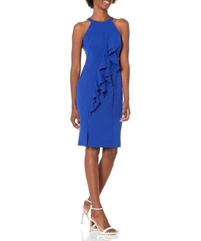 Women's Crepe Halter Neck Bodycon Dress with Front Rufflfe Cobalt $15.65 Dresses