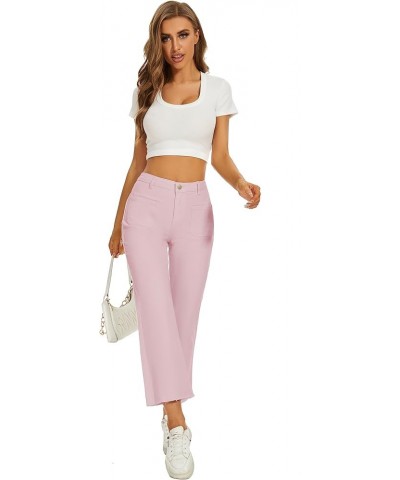 Women Straight Leg Capris Jeans Mid Rise Cropped Pants Stretchy Ankle Length with Pockets Pink $28.99 Jeans