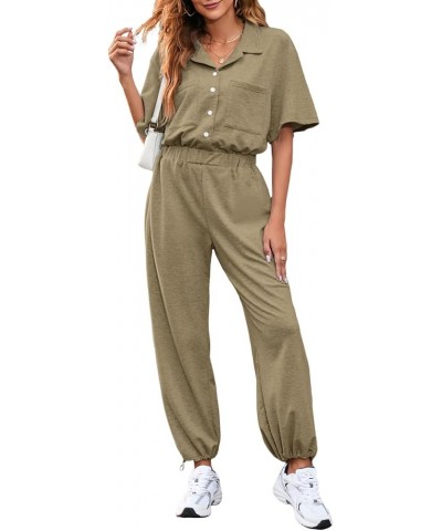 Womens Button Up Collared Short Sleeve High Waisted Drawstring Hem Casual Jumpsuits and Rompers with Pockets Khaki $22.08 Jum...