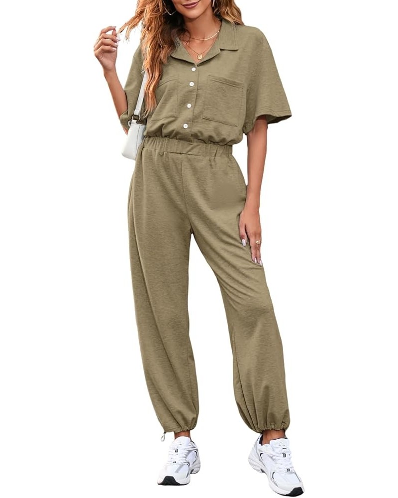 Womens Button Up Collared Short Sleeve High Waisted Drawstring Hem Casual Jumpsuits and Rompers with Pockets Khaki $22.08 Jum...