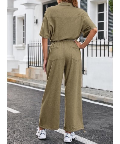 Womens Button Up Collared Short Sleeve High Waisted Drawstring Hem Casual Jumpsuits and Rompers with Pockets Khaki $22.08 Jum...