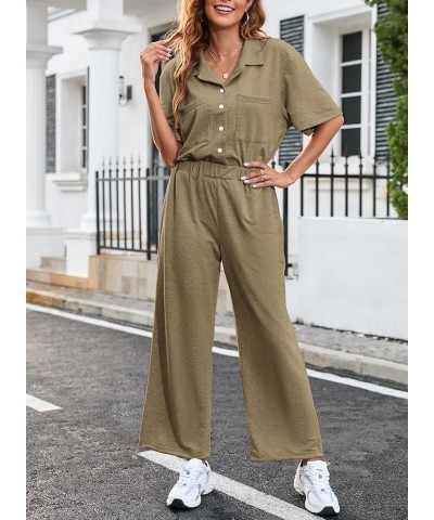 Womens Button Up Collared Short Sleeve High Waisted Drawstring Hem Casual Jumpsuits and Rompers with Pockets Khaki $22.08 Jum...