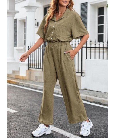 Womens Button Up Collared Short Sleeve High Waisted Drawstring Hem Casual Jumpsuits and Rompers with Pockets Khaki $22.08 Jum...