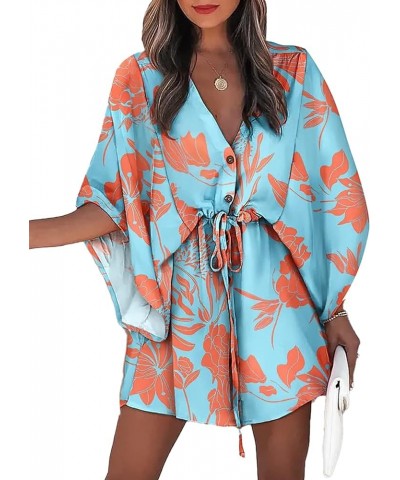 Women's Floral Print V Neck Batwing Sleeve Drawstring Loose Beach Mini Dress Blue $23.39 Dresses