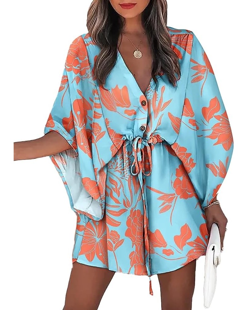 Women's Floral Print V Neck Batwing Sleeve Drawstring Loose Beach Mini Dress Blue $23.39 Dresses