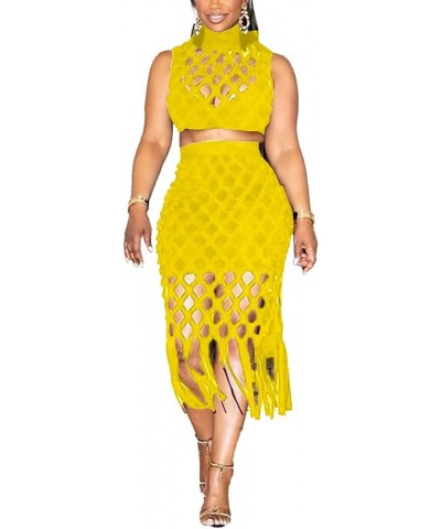 Hollow Out 2 Piece Outfits for Women Fishnet Grid Sleeveless Crop Top and Sexy Bodycon Tassel Midi Dress Set Yellow $14.49 Dr...