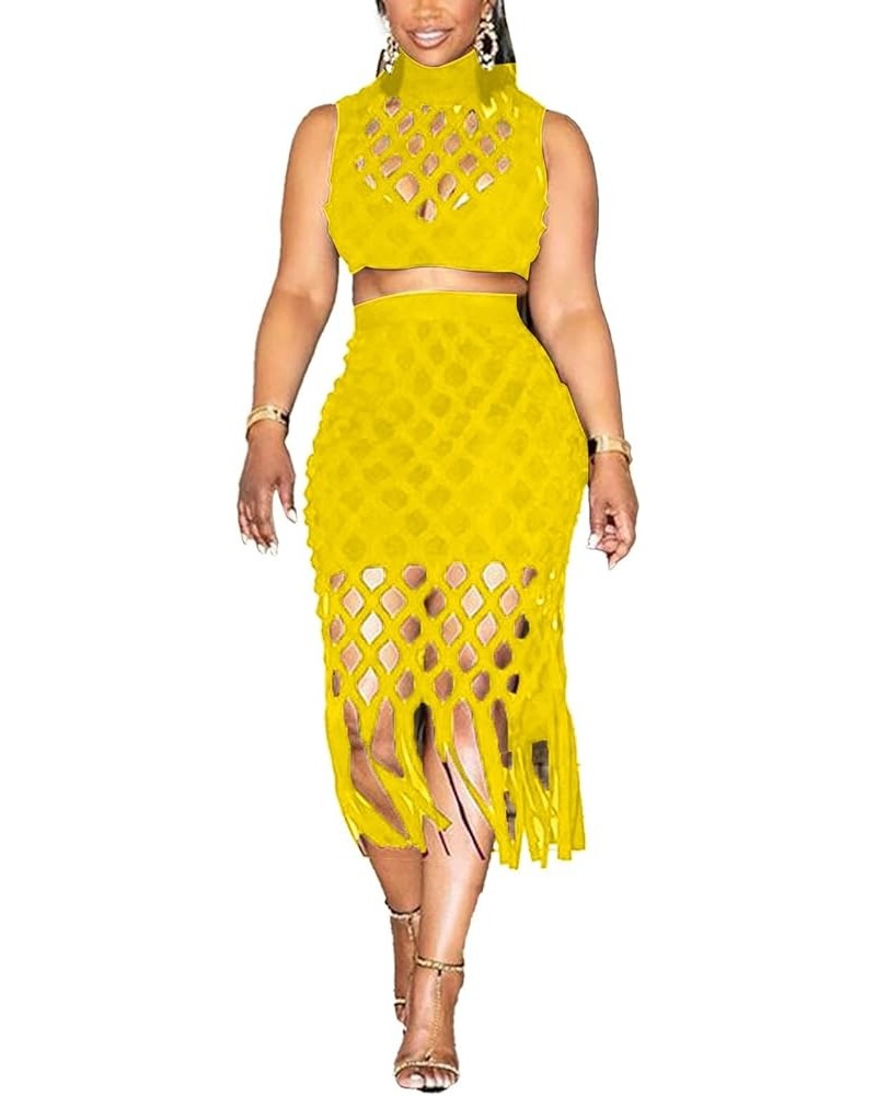 Hollow Out 2 Piece Outfits for Women Fishnet Grid Sleeveless Crop Top and Sexy Bodycon Tassel Midi Dress Set Yellow $14.49 Dr...