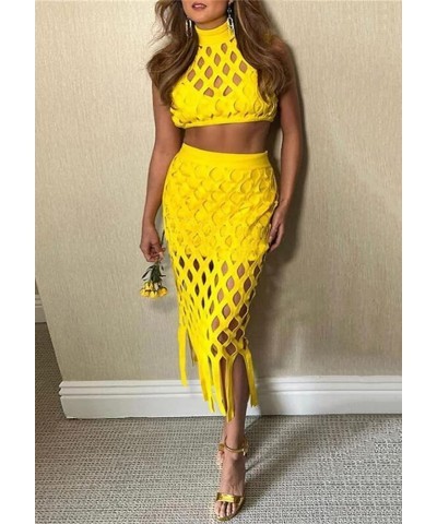 Hollow Out 2 Piece Outfits for Women Fishnet Grid Sleeveless Crop Top and Sexy Bodycon Tassel Midi Dress Set Yellow $14.49 Dr...