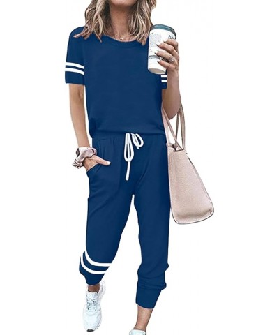 Women's Two Piece Outfits Striped Short Sleeve Pullover and Long Pants Tracksuit Pajama Lounge Jogger Sets Dark Blue $18.04 A...