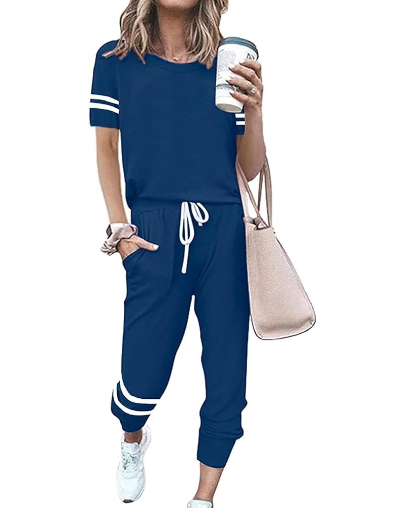 Women's Two Piece Outfits Striped Short Sleeve Pullover and Long Pants Tracksuit Pajama Lounge Jogger Sets Dark Blue $18.04 A...