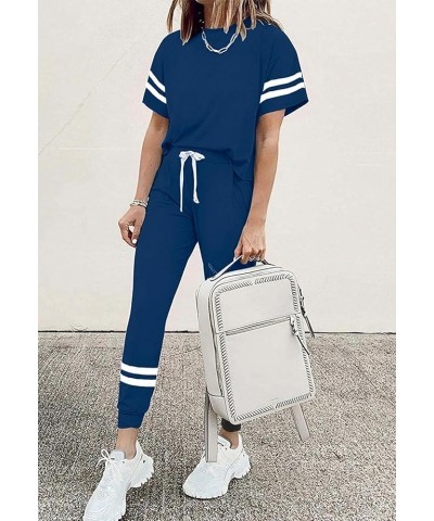 Women's Two Piece Outfits Striped Short Sleeve Pullover and Long Pants Tracksuit Pajama Lounge Jogger Sets Dark Blue $18.04 A...