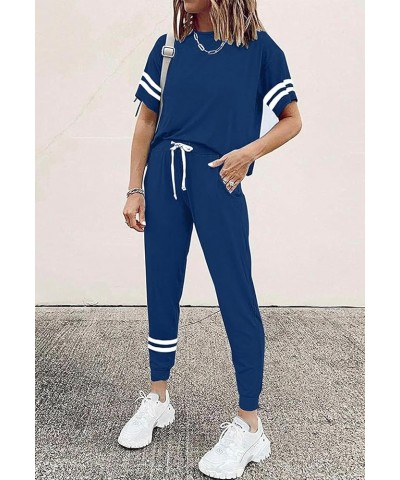 Women's Two Piece Outfits Striped Short Sleeve Pullover and Long Pants Tracksuit Pajama Lounge Jogger Sets Dark Blue $18.04 A...