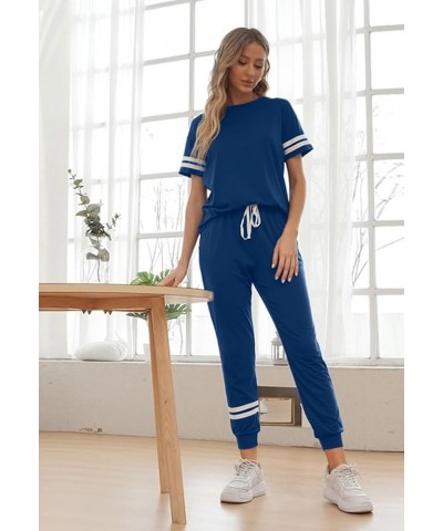 Women's Two Piece Outfits Striped Short Sleeve Pullover and Long Pants Tracksuit Pajama Lounge Jogger Sets Dark Blue $18.04 A...