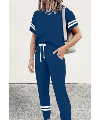 Women's Two Piece Outfits Striped Short Sleeve Pullover and Long Pants Tracksuit Pajama Lounge Jogger Sets Dark Blue $18.04 A...