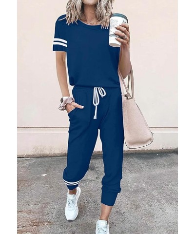 Women's Two Piece Outfits Striped Short Sleeve Pullover and Long Pants Tracksuit Pajama Lounge Jogger Sets Dark Blue $18.04 A...