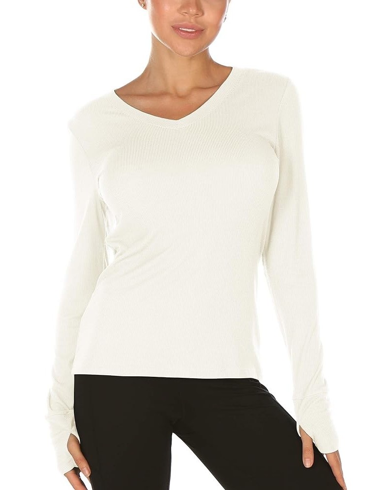 Long Sleeve Workout Running Exercise Yoga Athletic Shirts for Women,V Neck Undershrits Tops with Thumb Holes Off-white $14.99...