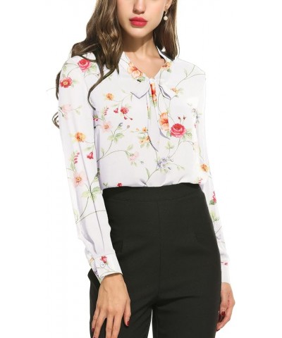 Chiffon Blouses for Women Dressy Bow Tie Neck Long Sleeve Work Shirt Formal Casual Wear A-white With Red Print $16.32 Blouses