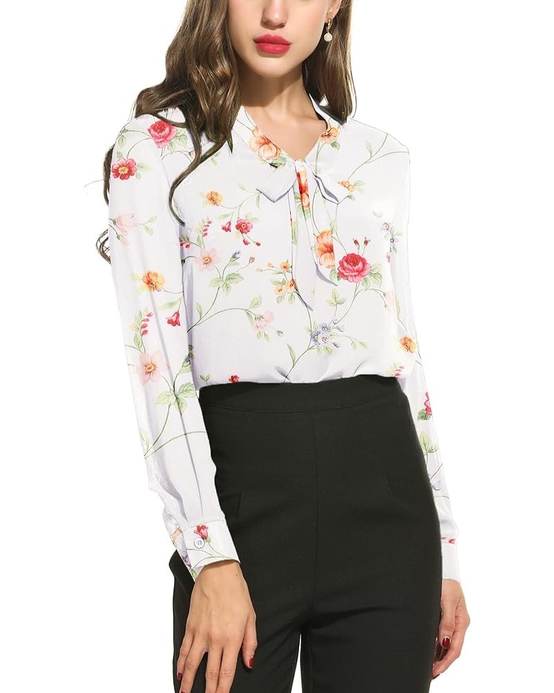 Chiffon Blouses for Women Dressy Bow Tie Neck Long Sleeve Work Shirt Formal Casual Wear A-white With Red Print $16.32 Blouses