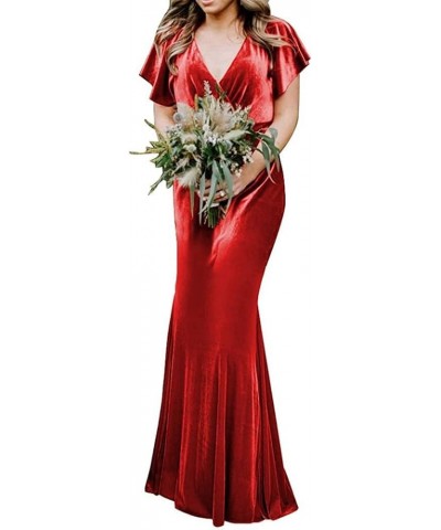 Women's Flutter Sleeve Velvet Bridesmaids Dresses V Neck Long Formal Dresses for Wedding Evening Gown Red $37.50 Dresses