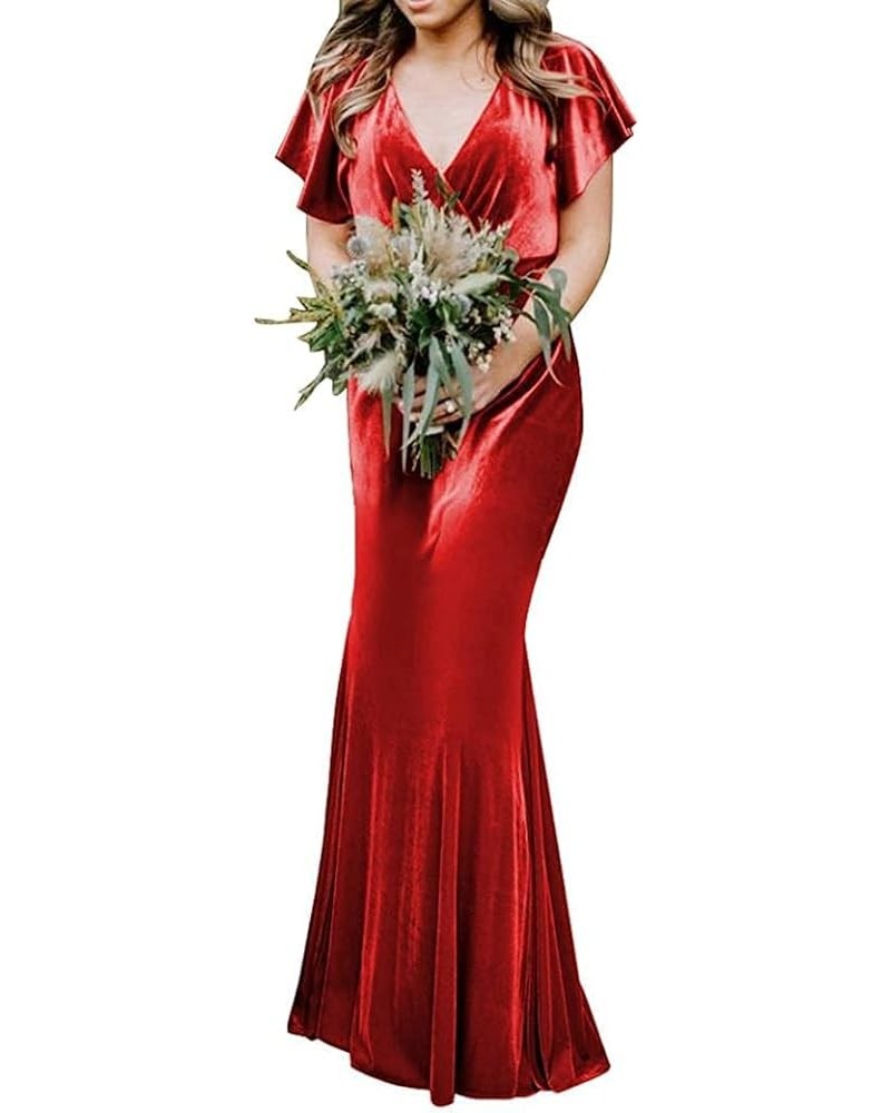 Women's Flutter Sleeve Velvet Bridesmaids Dresses V Neck Long Formal Dresses for Wedding Evening Gown Red $37.50 Dresses