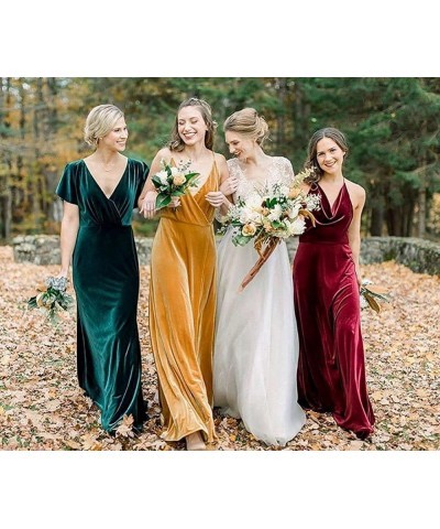 Women's Flutter Sleeve Velvet Bridesmaids Dresses V Neck Long Formal Dresses for Wedding Evening Gown Red $37.50 Dresses