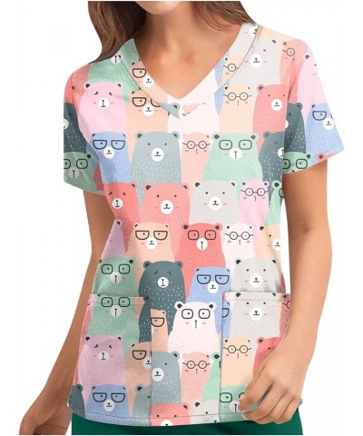 Scrubs Tops Womens Tops Floral Short Sleeve Vneck Classic Scrub Shirts Cartoon Pattern Tshirts with Pockets A3-multicolor $7....