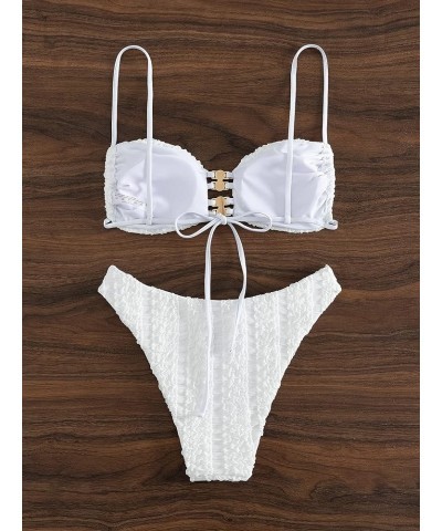 Women's 2 Piece Swimsuit Ring Linked Tie Side Smocked Bikini Set Bathing Suits White $16.73 Swimsuits