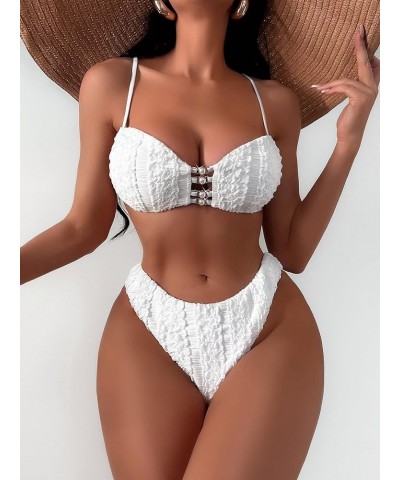 Women's 2 Piece Swimsuit Ring Linked Tie Side Smocked Bikini Set Bathing Suits White $16.73 Swimsuits