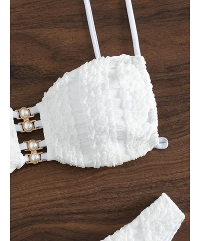 Women's 2 Piece Swimsuit Ring Linked Tie Side Smocked Bikini Set Bathing Suits White $16.73 Swimsuits