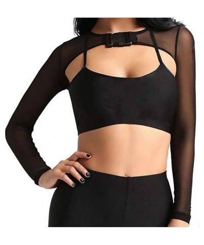 See Through Mesh Crop Top Sheer Open Front Shrug Fishnet Cover Ups with Buckle Black $11.72 Tanks