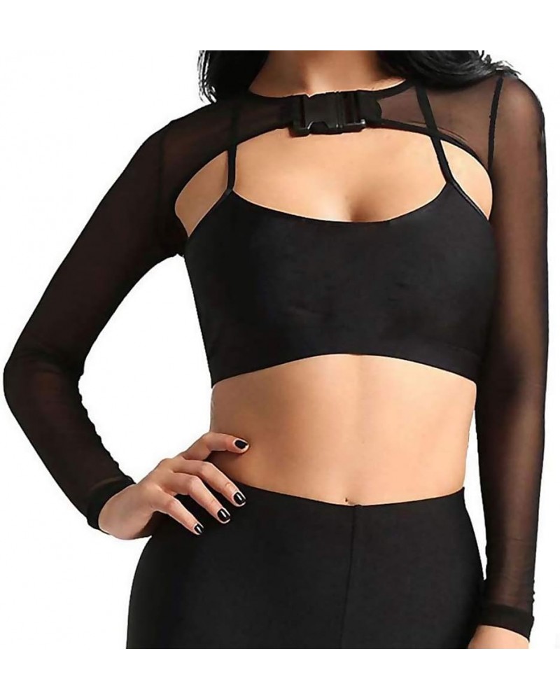 See Through Mesh Crop Top Sheer Open Front Shrug Fishnet Cover Ups with Buckle Black $11.72 Tanks