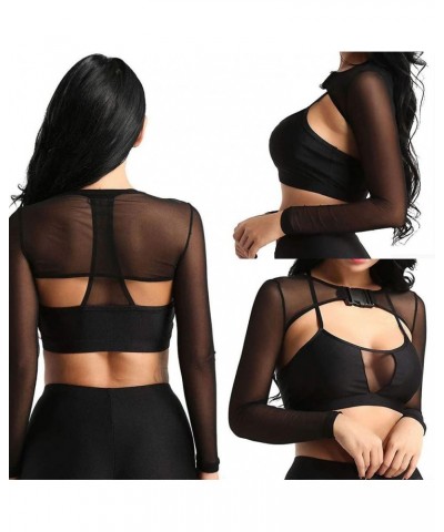 See Through Mesh Crop Top Sheer Open Front Shrug Fishnet Cover Ups with Buckle Black $11.72 Tanks