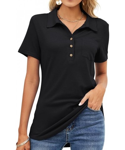 Womens Short Sleeve Polo T Shirts V Neck Business Casual Collared Button Down Tunics Office Work Tops with Pocket 0- Black $1...