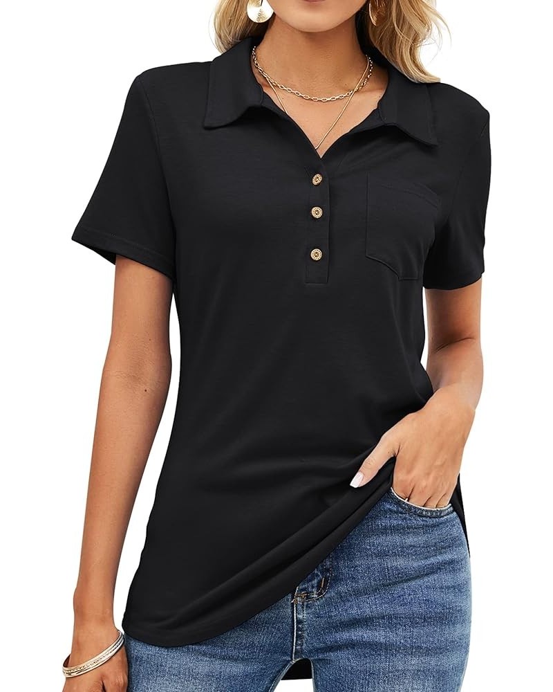 Womens Short Sleeve Polo T Shirts V Neck Business Casual Collared Button Down Tunics Office Work Tops with Pocket 0- Black $1...