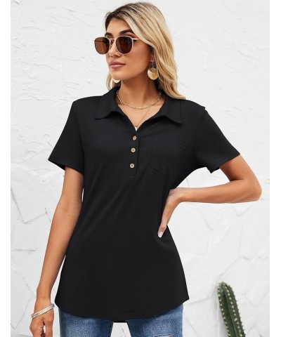 Womens Short Sleeve Polo T Shirts V Neck Business Casual Collared Button Down Tunics Office Work Tops with Pocket 0- Black $1...