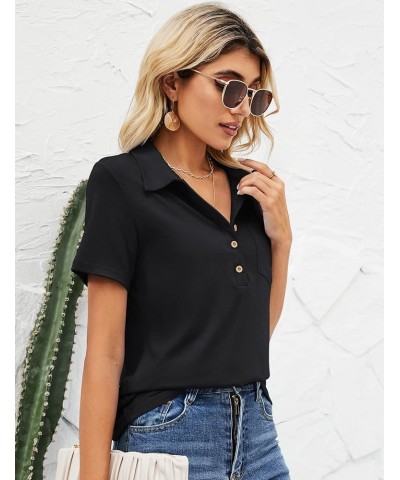 Womens Short Sleeve Polo T Shirts V Neck Business Casual Collared Button Down Tunics Office Work Tops with Pocket 0- Black $1...