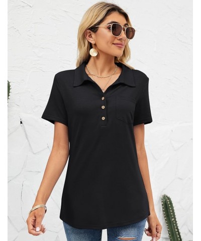 Womens Short Sleeve Polo T Shirts V Neck Business Casual Collared Button Down Tunics Office Work Tops with Pocket 0- Black $1...